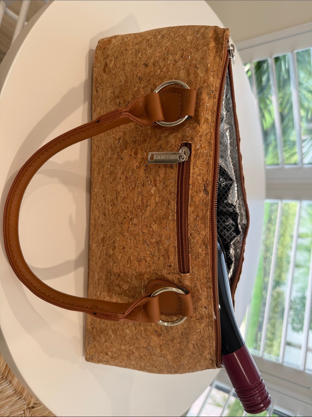 Primeware Wine Cork Tote Bag with Brown Leather Handles and zipper front